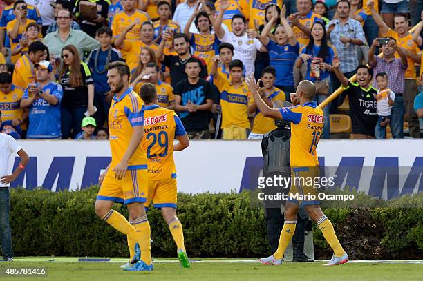 Guido Pizarro of Tigres celebrates after scoring his team's second goal during a 7th round match between Tigres UANL and Queretaro as part of the...