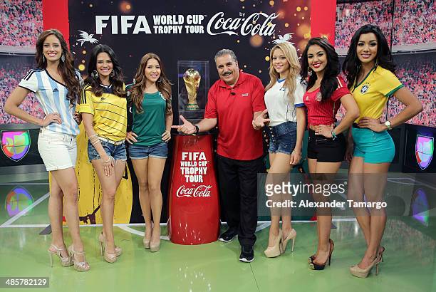 Aleyda Ortiz, Alina Robert, Aly Villegas, Fernando Fiore, Josefina Ochoa, Nabila Tapia and Maria Elena Amaya pose during the FIFA World Cup Trophy...