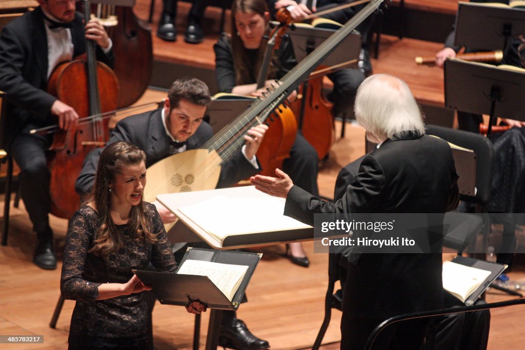 Yale Schola Cantorum with Juilliard415 performing Bach's 'St. John Passion' at Alice Tully Hall on Friday night, April 4, 2014. This image: Molly Netter, left, and Masaaki Suzuki. (Photo by Hiroyuki Ito/Getty Images)