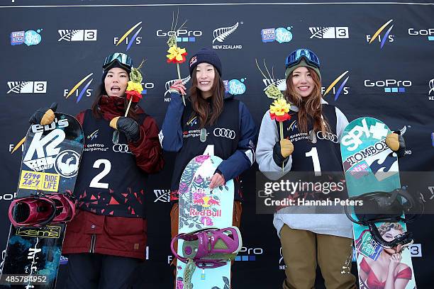 Second place Natsuki Sato of Japan, first place Miyabi Onitsuka of Japan and third place Asami Hirono of Japan pose on the podium during the medal...