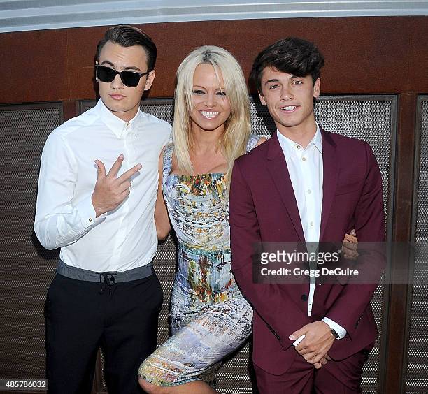 Actress Pamela Anderson and sons Brandon Thomas Lee and Dylan Jagger Lee arrive at The Hidden Heroes Gala presented by Mercy For Animals at Unici...