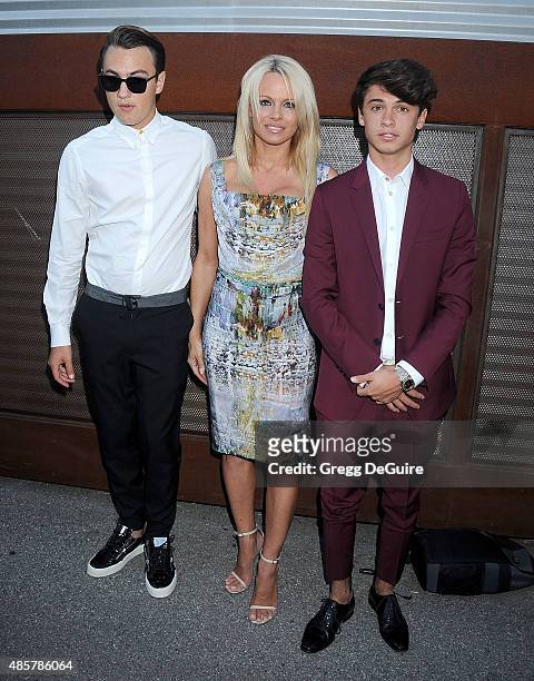 Actress Pamela Anderson and sons Brandon Thomas Lee and Dylan Jagger Lee arrive at The Hidden Heroes Gala presented by Mercy For Animals at Unici...