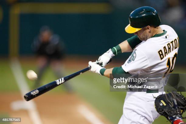 Daric Barton of the Oakland Athletics bats during the game against the Cleveland Indians at O.co Coliseum on April 2, 2014 in Oakland, California....