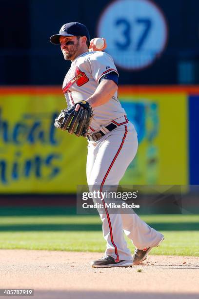 Dan Uggla of the Atlanta Braves in action against the New York Mets at Citi Field on April 20, 2014 in the Flushing neighborhood of the Queens...