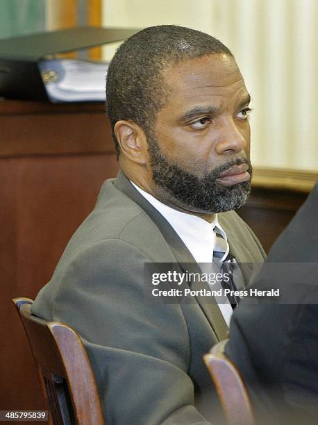 Gregory Rec/Staff Photographer: -- Jeffrey Williams listens to his lawyer's closing arguments at his trial in York County Superior Court in Alfred on...