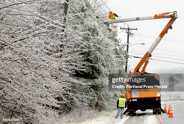Staff photo by John Patriquin. Friday Dec.12, 2008. Tree workers clear limbs from power lines along the Pine Point Rd. In Scar. Prior to CMP...