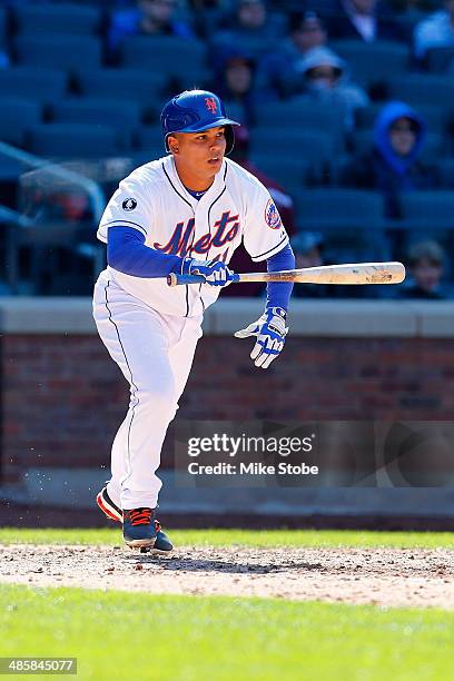 Ruben Tejada of the New York Mets in action against the Atlanta Braves at Citi Field on April 20, 2014 in the Flushing neighborhood of the Queens...