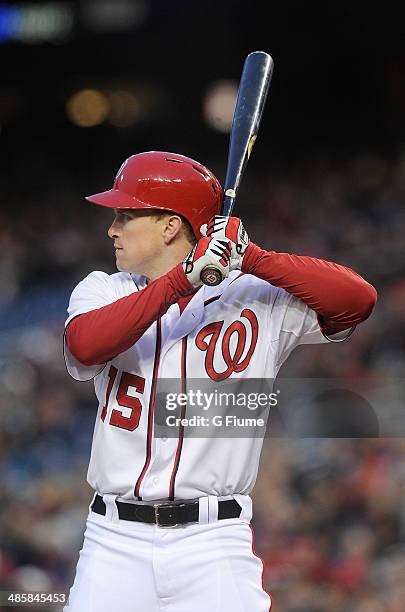 Nate McLouth of the Washington Nationals bats against the St. Louis Cardinals at Nationals Park on April 18, 2014 in Washington, DC.