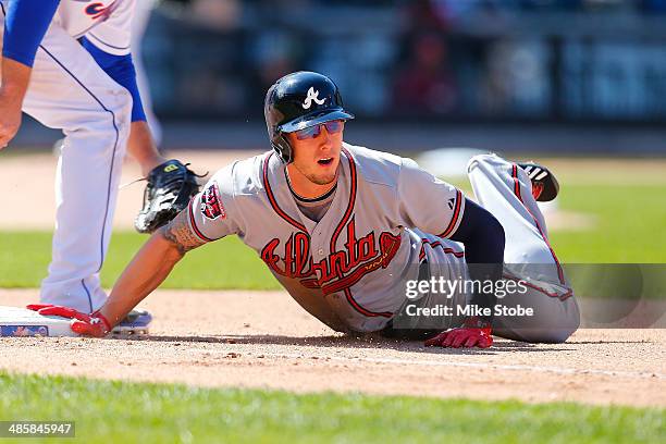 Jordan Schafer of the Atlanta Braves in action against the New York Mets at Citi Field on April 20, 2014 in the Flushing neighborhood of the Queens...