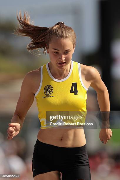 Sarah Blizzard competes in State Victoria Strickland Family Women's Gift 120 Metres Semi Finals Heat 2 during the 2014 Stawell Gift meet at Central...