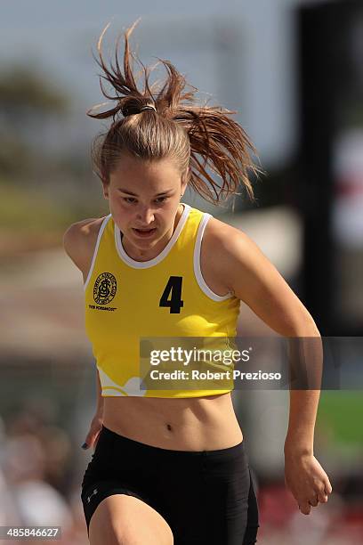 Sarah Blizzard competes in State Victoria Strickland Family Women's Gift 120 Metres Semi Finals Heat 2 during the 2014 Stawell Gift meet at Central...