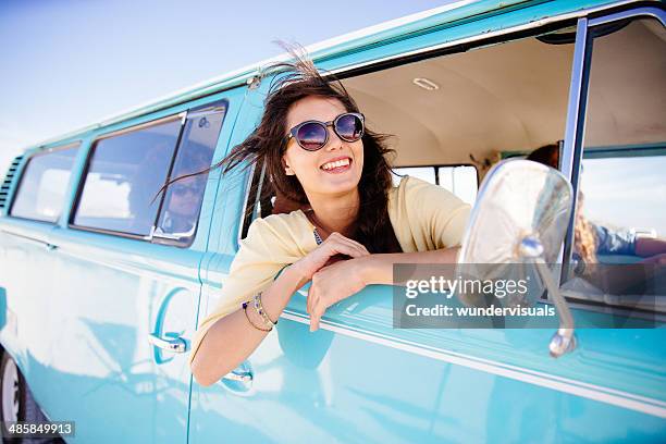 hipster girl in car - road trip van stock pictures, royalty-free photos & images