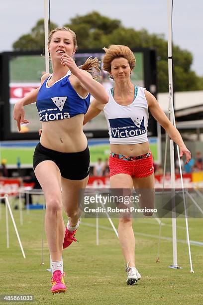 Holly Dobbyn crosses the line to win the State Victoria Strickland Family Women's Gift 120 Metres Final during the 2014 Stawell Gift meet at Central...