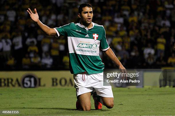 Alan Kardec of Palmeiras reacts during a match between Criciuma and Palmeiras for Brazilian Serie A 2014 at Heriberto Hulse Stadium on April 20, 2014...