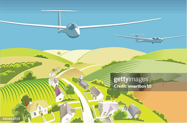stockillustraties, clipart, cartoons en iconen met gliders over countryside - zweefvliegtuig