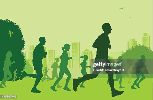 marathon-läufer in der city park - langstreckenlauf stock-grafiken, -clipart, -cartoons und -symbole