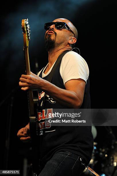 Raul Pacheco of Ozomamatli performs live for fans at the 2014 Byron Bay Bluesfest on April 21, 2014 in Byron Bay, Australia.