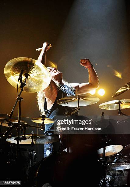 Musician Mikkey Dee of Motorhead performs onstage during day 3 of the 2014 Coachella Valley Music & Arts Festival at the Empire Polo Club on April...