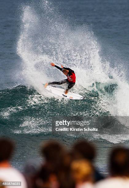 Mick Fanning of Australia surfs to victory during Round 4 at the Rip Curl Pro Bells Beach on April 21, 2014 in Bells Beach, Australia.