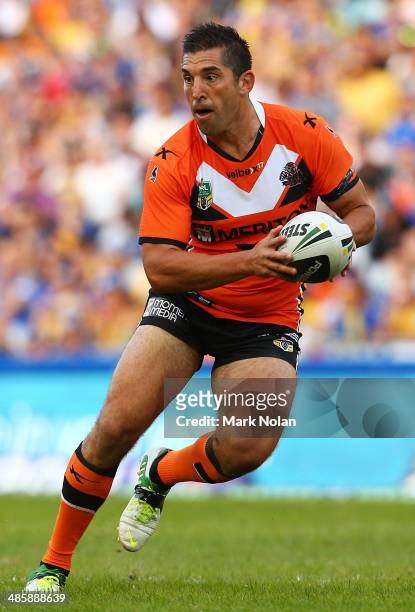 Braith Anasta of the Tigers in action during the round seven NRL match between the Parramatta Eels and the Wests Tigers at ANZ Stadium on April 21,...
