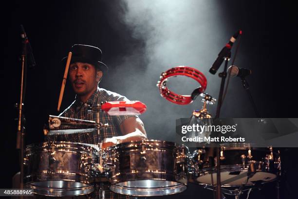 Justin Poree of Ozomatli performs live for fans at the 2014 Byron Bay Bluesfest on April 21, 2014 in Byron Bay, Australia.