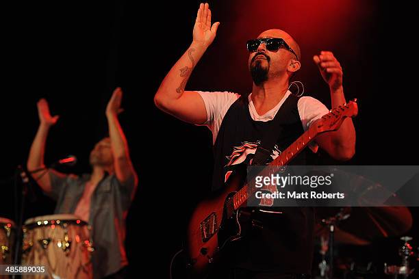 Raul Pacheco of Ozomatli performs live for fans at the 2014 Byron Bay Bluesfest on April 21, 2014 in Byron Bay, Australia.