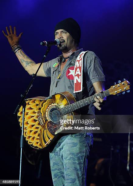 Michael Franti and Spearhead performs live for fans at the 2014 Byron Bay Bluesfest on April 21, 2014 in Byron Bay, Australia.