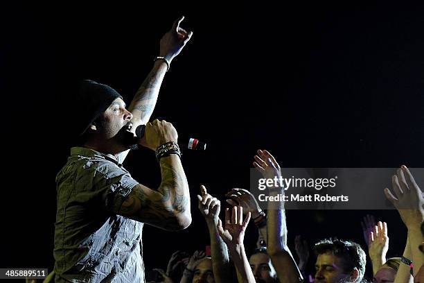 Michael Franti and Spearhead performs live for fans at the 2014 Byron Bay Bluesfest on April 21, 2014 in Byron Bay, Australia.