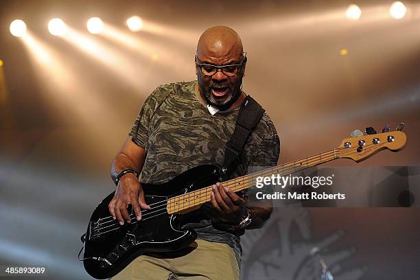 Carl Young of Michael Franti and Spearhead performs live for fans at the 2014 Byron Bay Bluesfest on April 21, 2014 in Byron Bay, Australia.