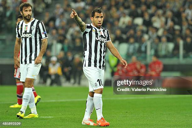 Carlos Tevez of Juventus gestures durig the UEFA Europa League quarter final match between Juventus and Olympique Lyonnais at Juventus Arena on April...