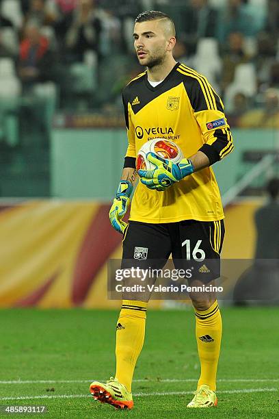 Anthony Lopes of Olympique Lyonnais looks on durig the UEFA Europa League quarter final match between Juventus and Olympique Lyonnais at Juventus...