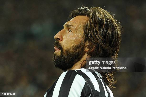 Andrea Pirlo of Juventus looks on durig the UEFA Europa League quarter final match between Juventus and Olympique Lyonnais at Juventus Arena on April...