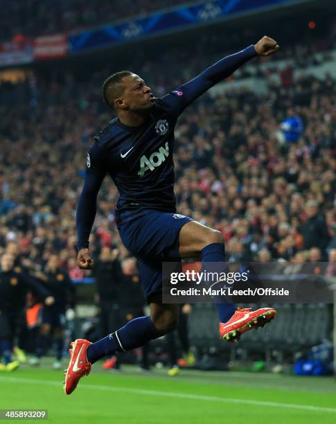 Patrice Evra of Man Utd celebrates after scoring their 1st goal during the UEFA Champions League Quarter Final second leg match between FC Bayern...