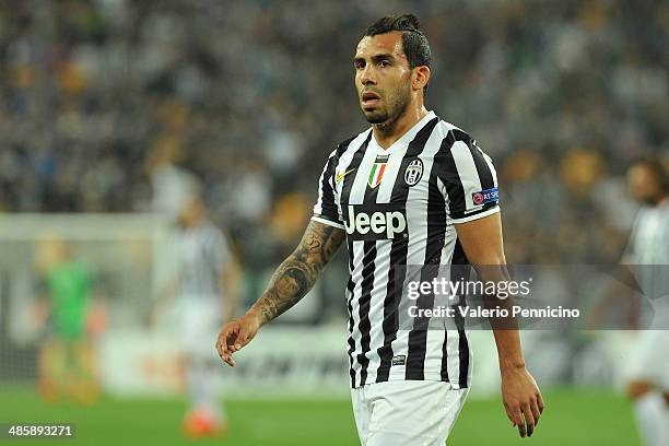 Carlos Tevez of Juventus looks on durig the UEFA Europa League quarter final match between Juventus and Olympique Lyonnais at Juventus Arena on April...