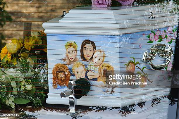 The decorated coffin carrying Peaches Geldof arrives at the funeral of Peaches Geldof, who died aged 25 on April 7, at St Mary Magdalene & St...
