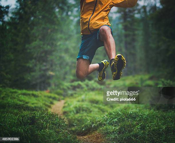 trail running big jump - woodland path stock pictures, royalty-free photos & images