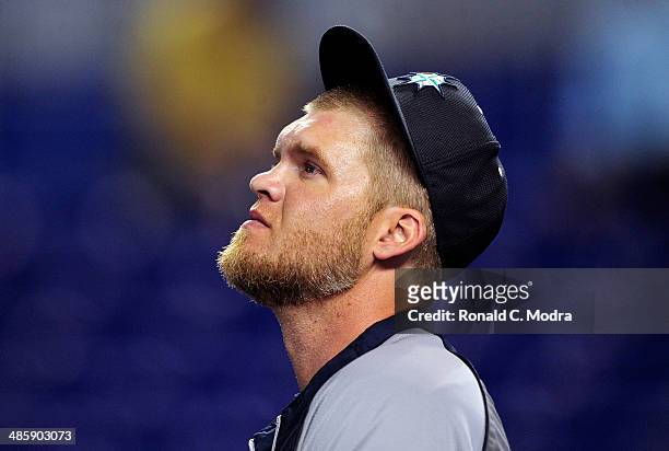 Corey Hart of the Seattle Mariners looks on before a game against the Miami Marlins at Marlins Park on April 18, 2014 in Miami, Florida.