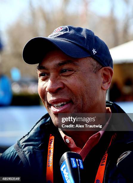 Governor Deval Patrick speaks to the media after the start of the Mobility Impaired division of the 118th Boston Marathon on April 21, 2014 in...