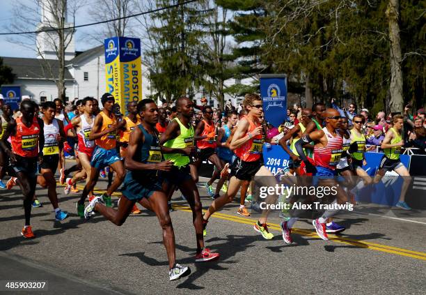 The Elite Men's division starts the 118th Boston Marathon on April 21, 2014 in Hopkinton, Massachusetts.