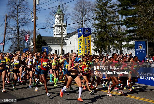 The Elite Women's division starts the 118th Boston Marathon on April 21, 2014 in Hopkinton, Massachusetts.