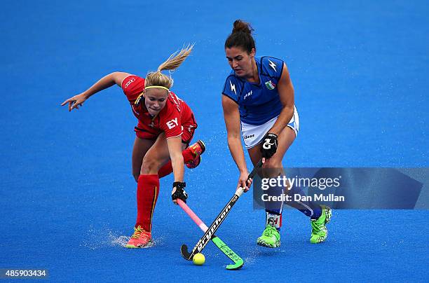 Alix Gerniers of Belgium battles for the ball with Chiara Tiddi of Italy during the EuroHockey Womens Pool C match between Belgium and Italy at Lee...