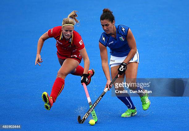 Alix Gerniers of Belgium battles for the ball with Chiara Tiddi of Italy during the EuroHockey Womens Pool C match between Belgium and Italy at Lee...