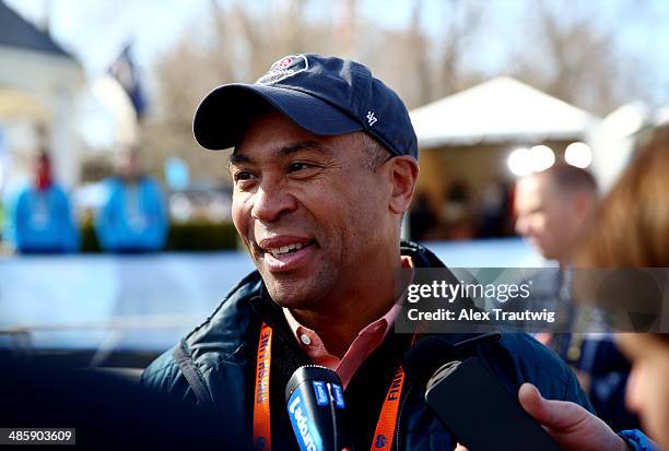 Governor Deval Patrick speaks to the media after the start of the Mobility Impaired division of the 118th Boston Marathon on April 21, 2014 in...