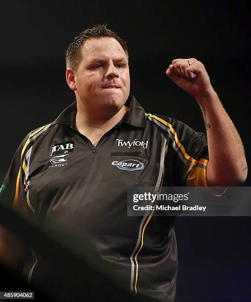 Adrian Lewis reacts during the Auckland Darts Masters at The Trusts Arena on August 30, 2015 in Auckland, New Zealand.