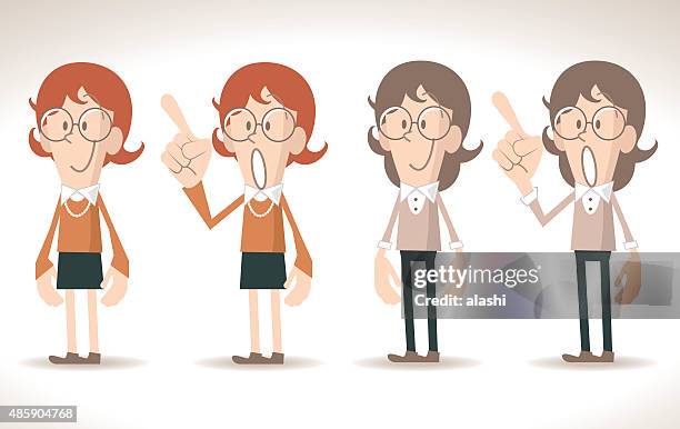 stockillustraties, clipart, cartoons en iconen met woman, curly hairstyles, cardigan sweater, shirt, skirt, pants, pearl necklace - cartoon characters with curly hair