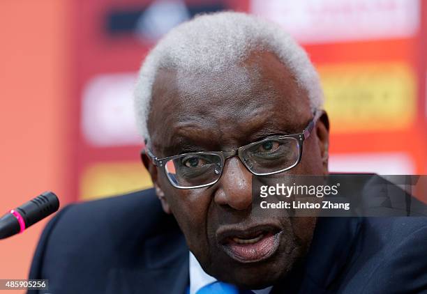 President Lamine Diack attends the IAAF and Local Organising Committee press conference during day nine of the 15th IAAF World Athletics...