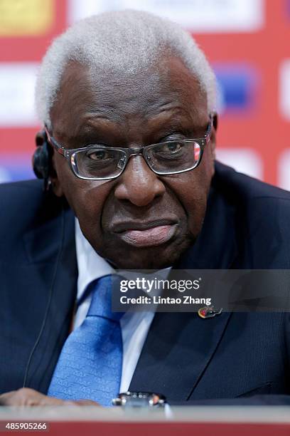 President Lamine Diack attends the IAAF and Local Organising Committee press conference during day nine of the 15th IAAF World Athletics...