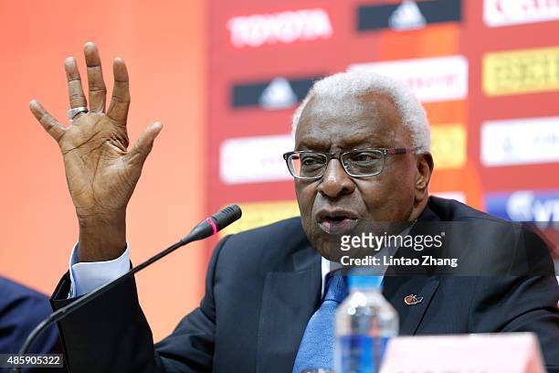 President Lamine Diack attends the IAAF and Local Organising Committee press conference during day nine of the 15th IAAF World Athletics...