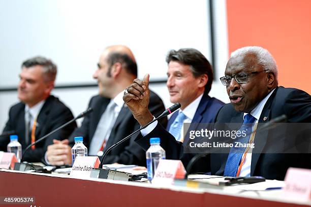 President elect, Sebastian Coe and IAAF President Lamine Diack attend the IAAF and Local Organising Committee press conference during day nine of the...