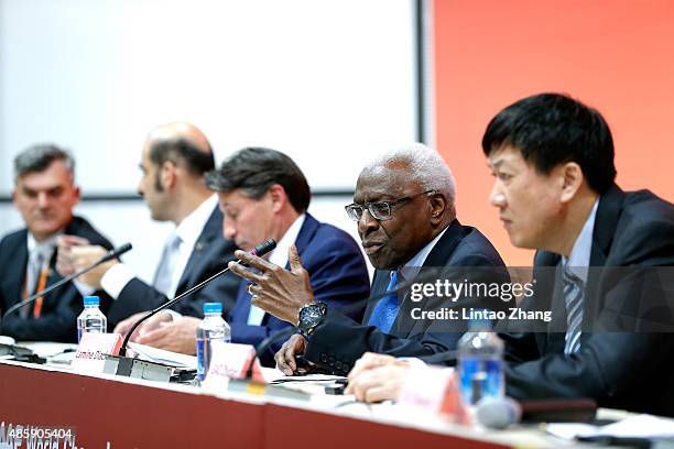 President Lamine Diack attends the IAAF and Local Organising Committee press conference during day nine of the 15th IAAF World Athletics...